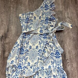 SHEIN Blue and White One Shoulder Mini Sundress